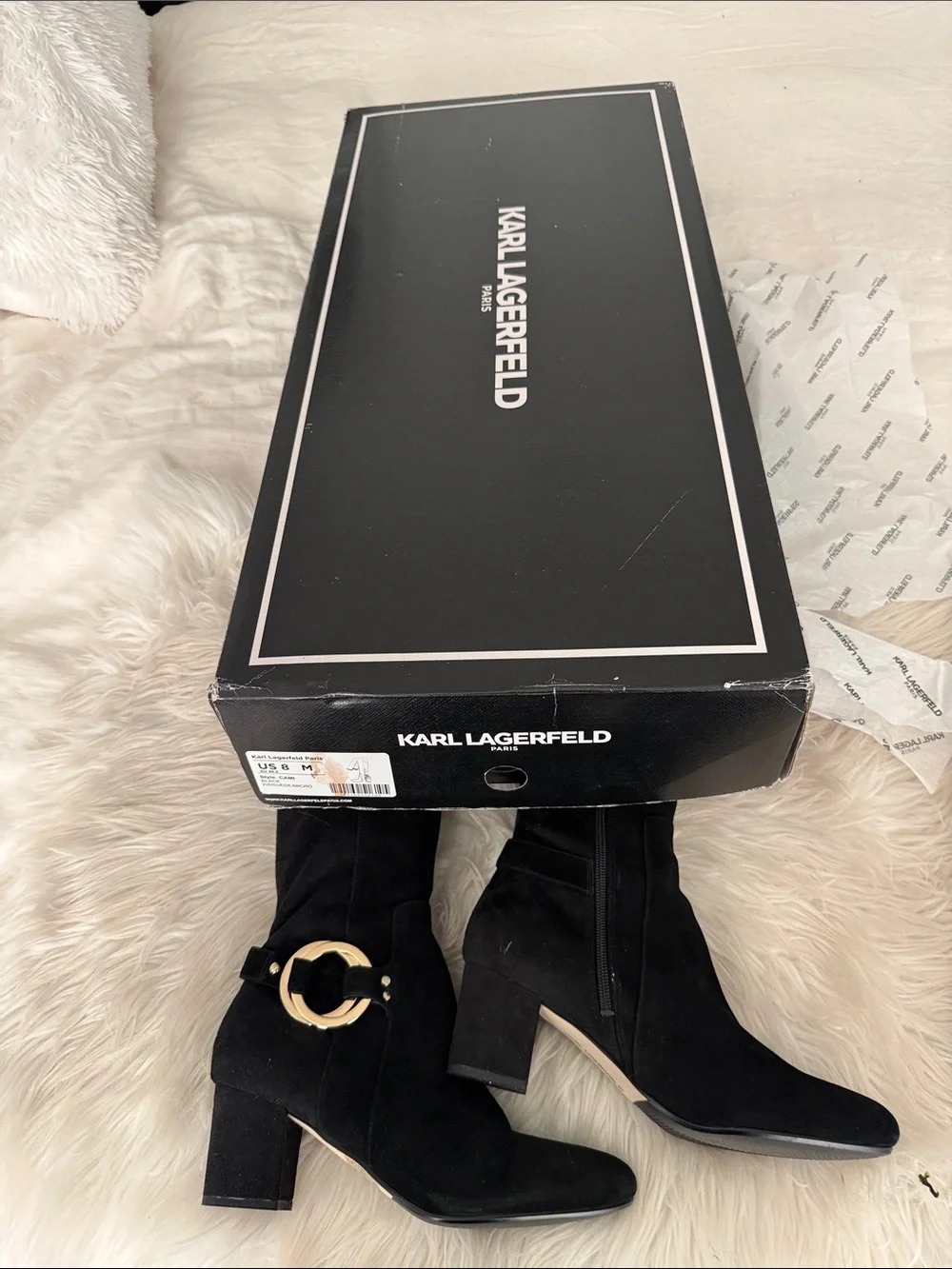 Karl Lagerfeld Black Suede Over-the-Knee Boots with Gold Ring Detail. NWOT